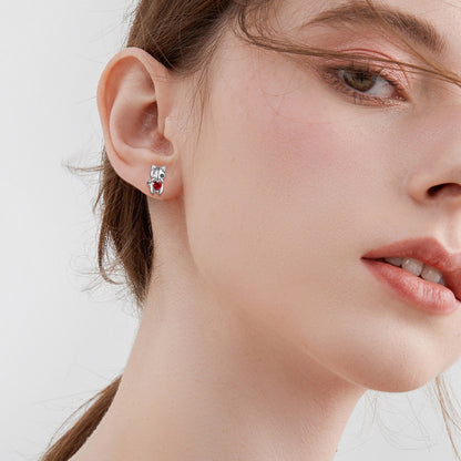Stitched Cat Red Heart Stud Earrings
