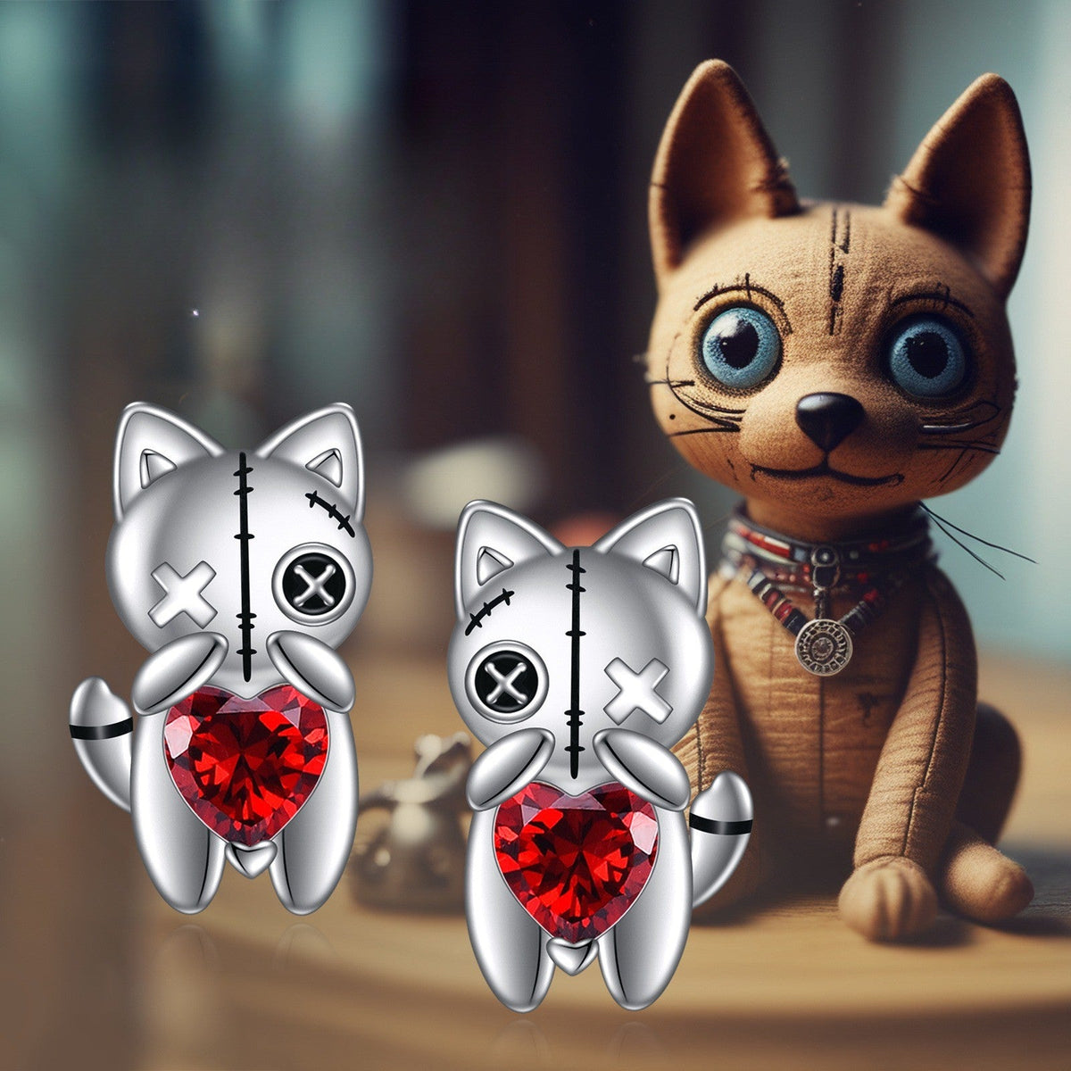 Stitched Cat Red Heart Stud Earrings