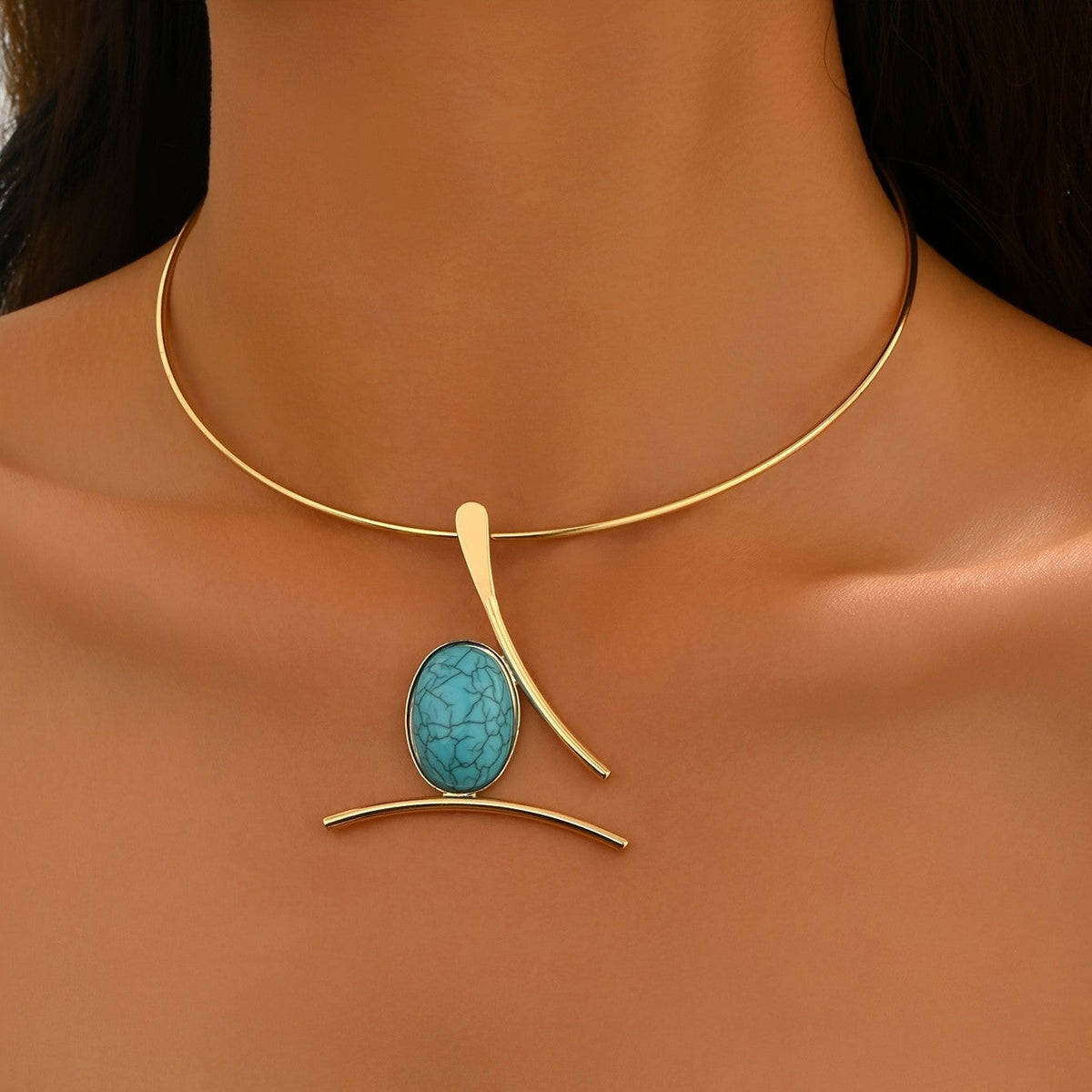 Turquoise Oval Geometric Choker Necklace