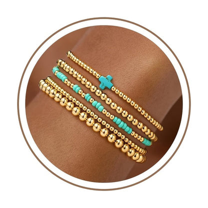 Gold Bead & Turquoise Cross Bracelet Set