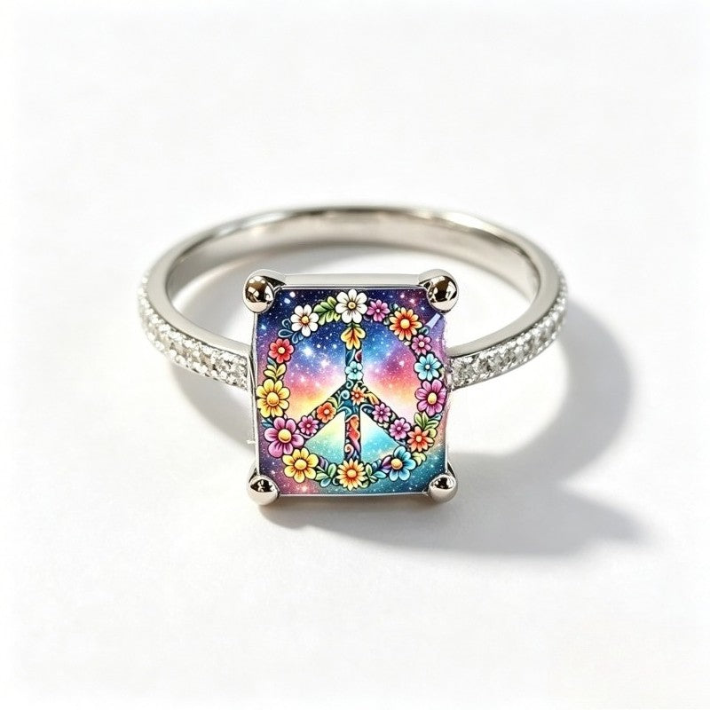 Floral Peace Sign Square Ring