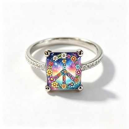 Floral Peace Sign Square Ring