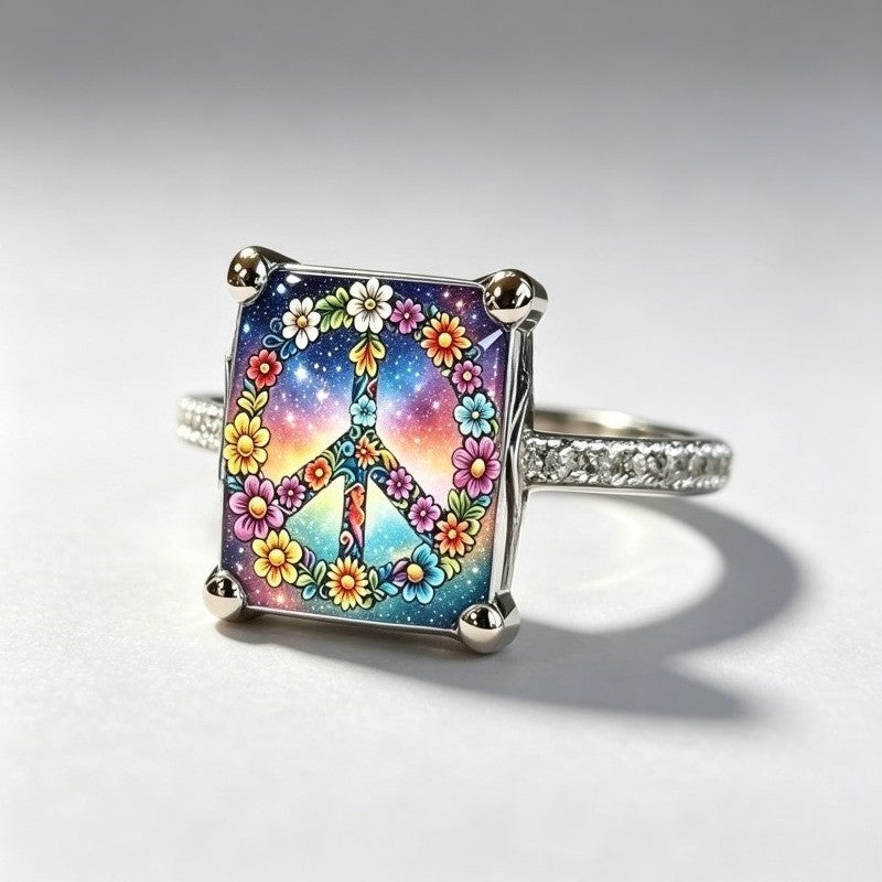 Floral Peace Sign Square Ring
