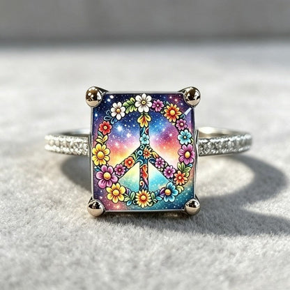Floral Peace Sign Square Ring