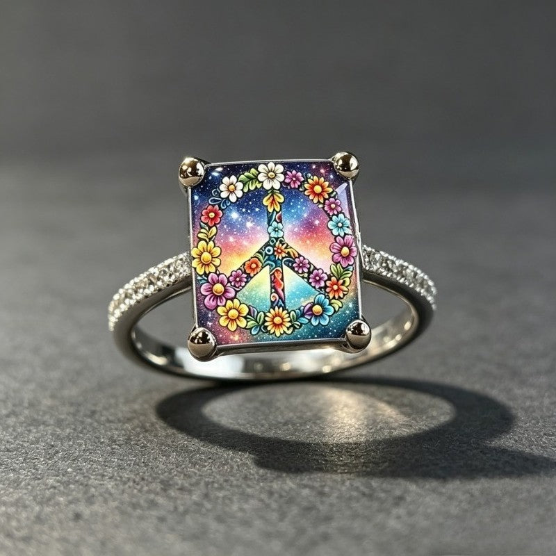 Floral Peace Sign Square Ring