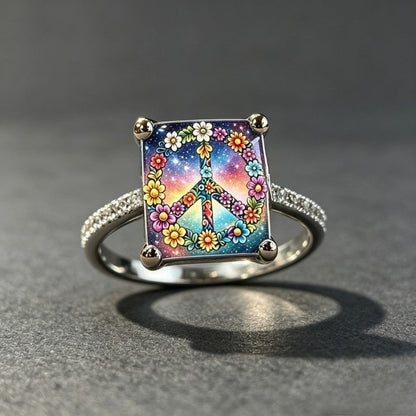 Floral Peace Sign Square Ring