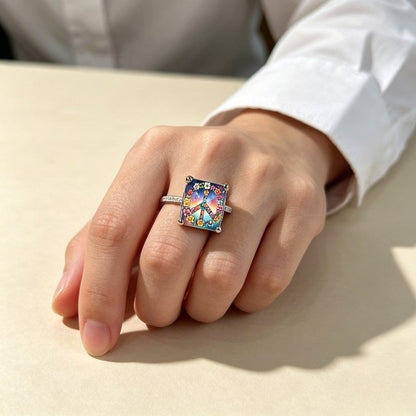 Floral Peace Sign Square Ring