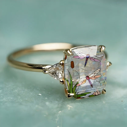 Dragonfly Pond Glass Square Ring