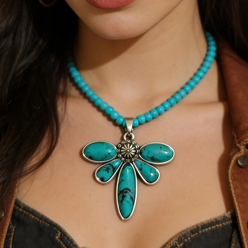 Turquoise Flower Beaded Necklace