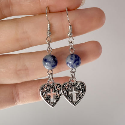 Blue Stone Cross Heart Earrings