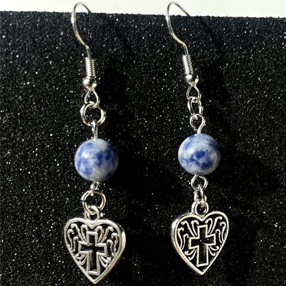 Blue Stone Cross Heart Earrings