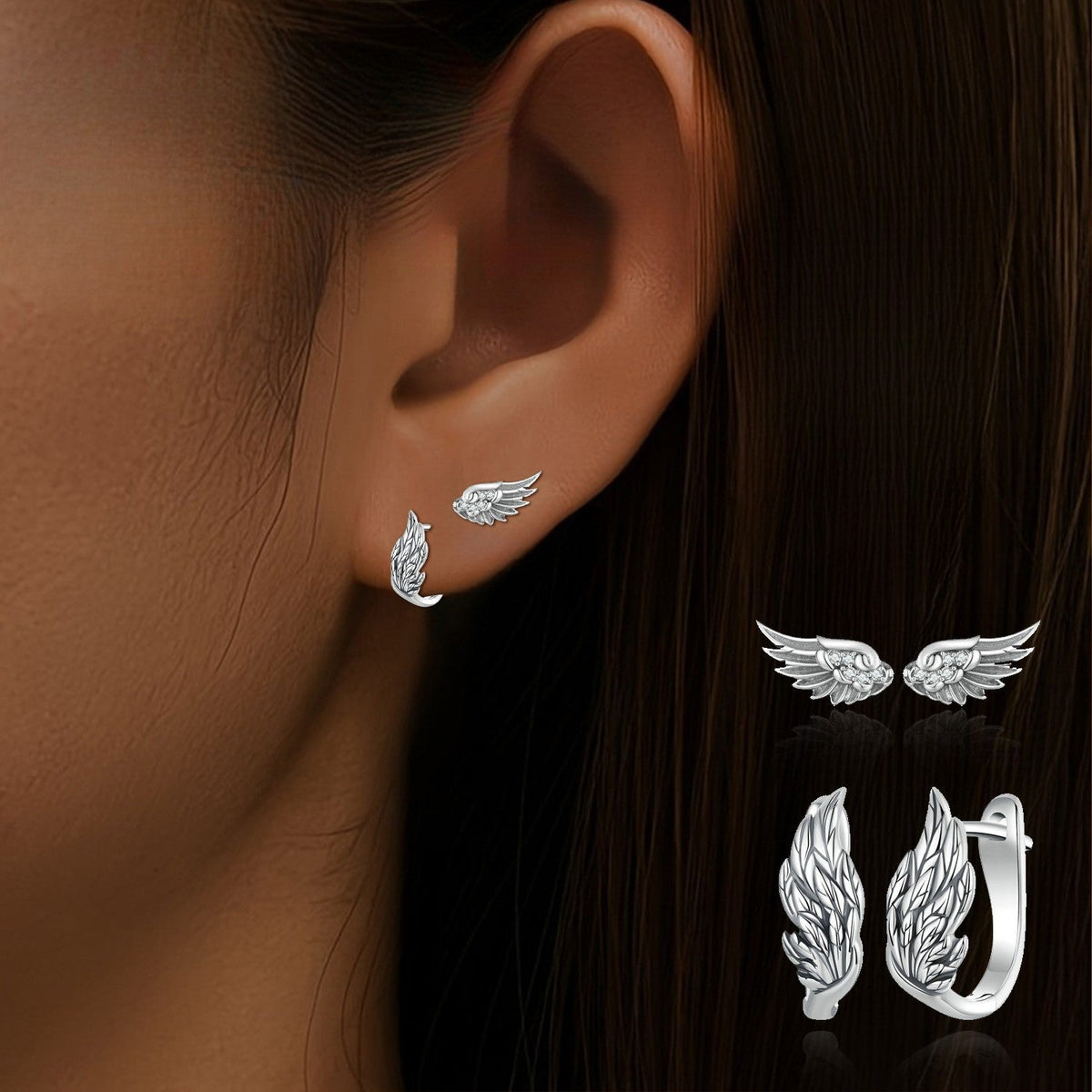 Textured Wing & Crystal Stud Earring Set