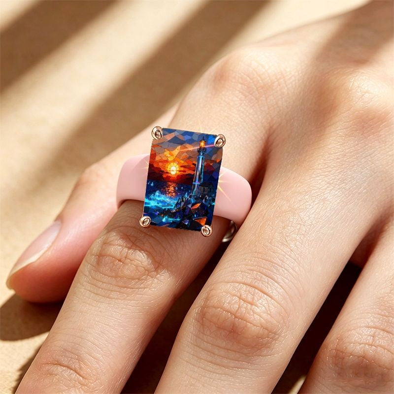 Lighthouse Sunset Glass Square Ring