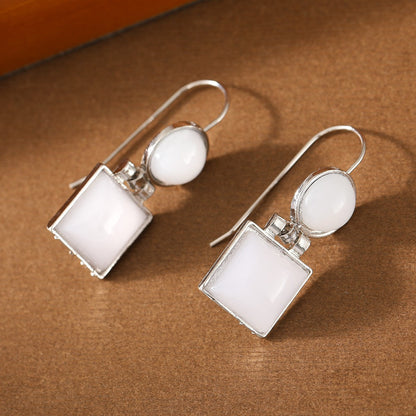 White Stone Square & Oval Drop Earrings