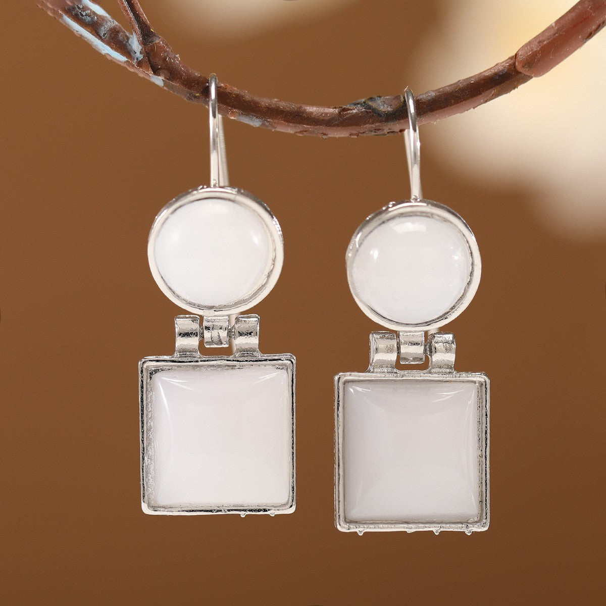 White Stone Square & Oval Drop Earrings