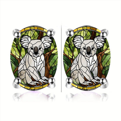 Stained Glass Koala Oval Earrings