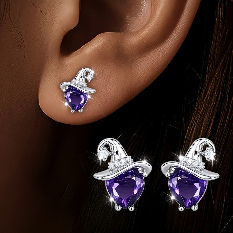 Purple Zircon Witch Hat Stud Earrings