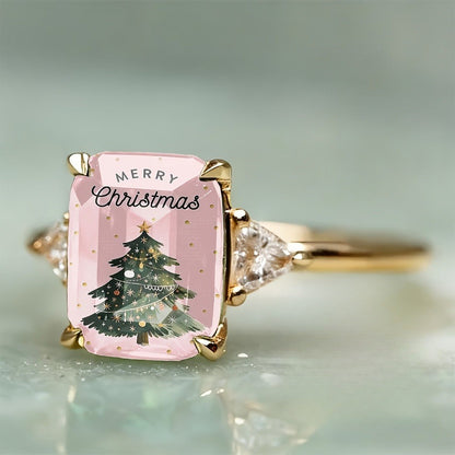 Pink Christmas Tree Rectangular Ring