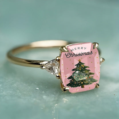 Pink Christmas Tree Rectangular Ring