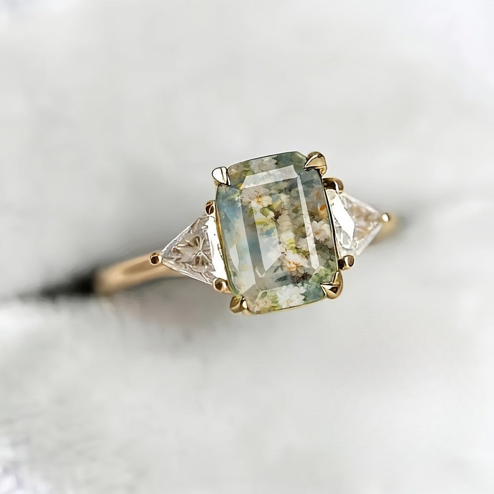 Floral Emerald Cut Ring