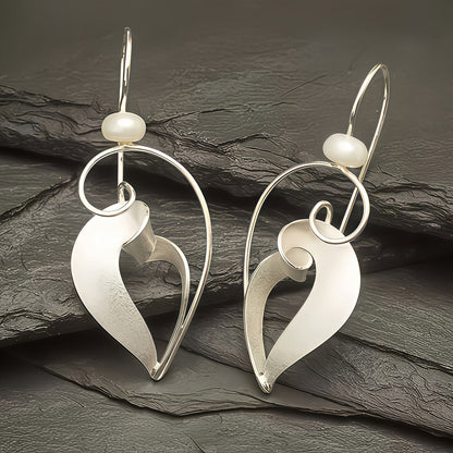 Curved Leaf Pearl Drop Earrings