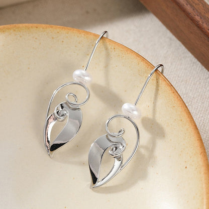 Curved Leaf Pearl Drop Earrings