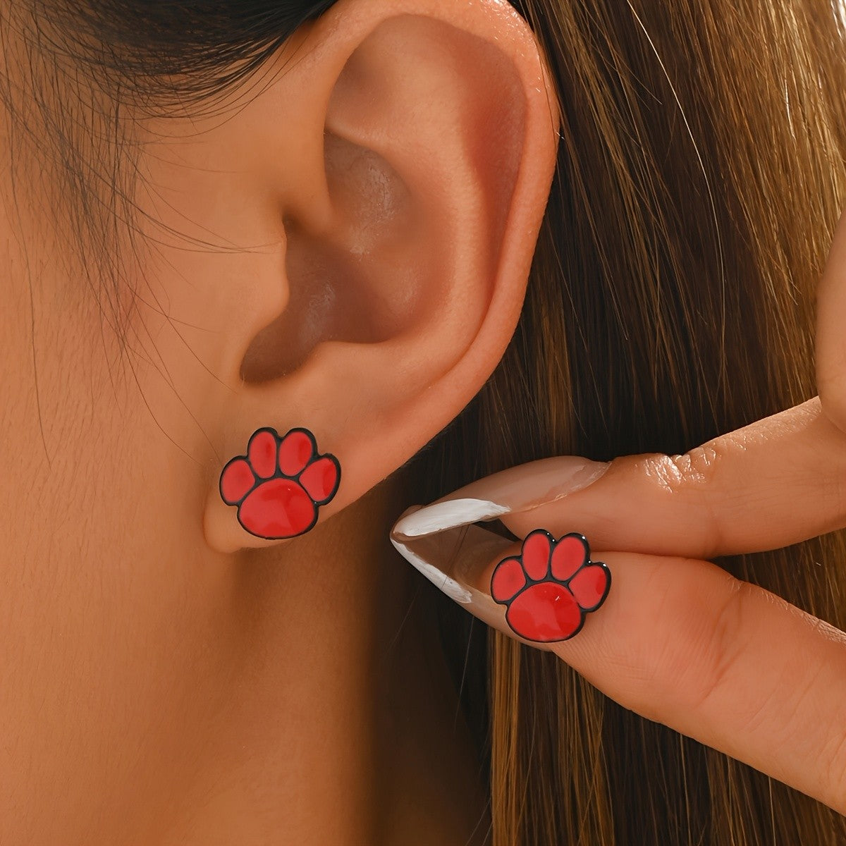 Red Enamel Paw Stud Earrings