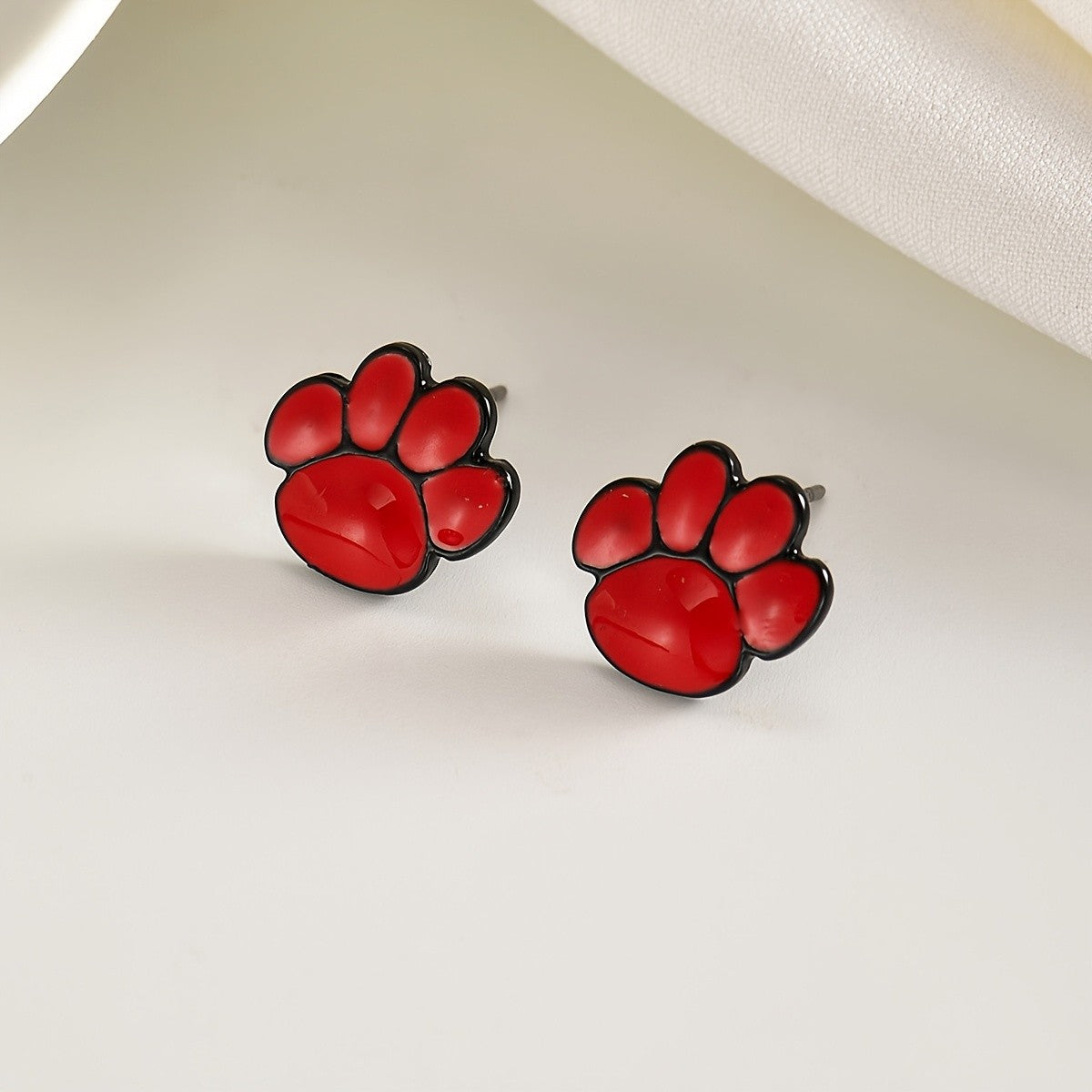 Red Enamel Paw Stud Earrings