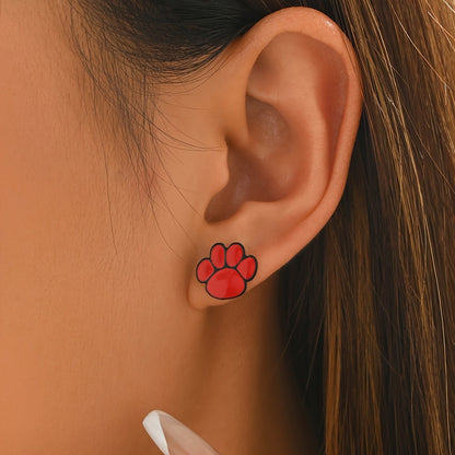Red Enamel Paw Stud Earrings