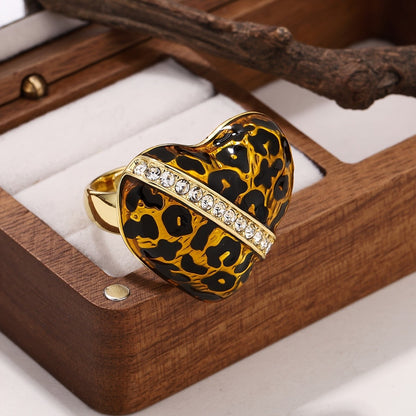 Leopard Print Crystal Heart Ring