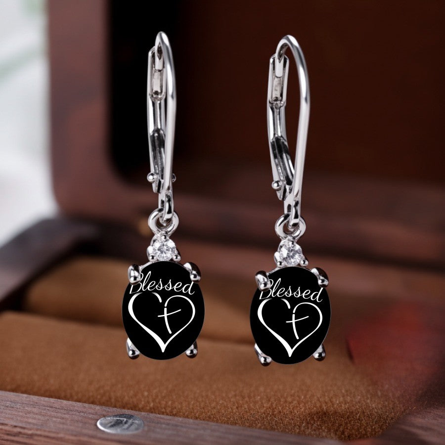 Black Oval Blessed Heart Earrings