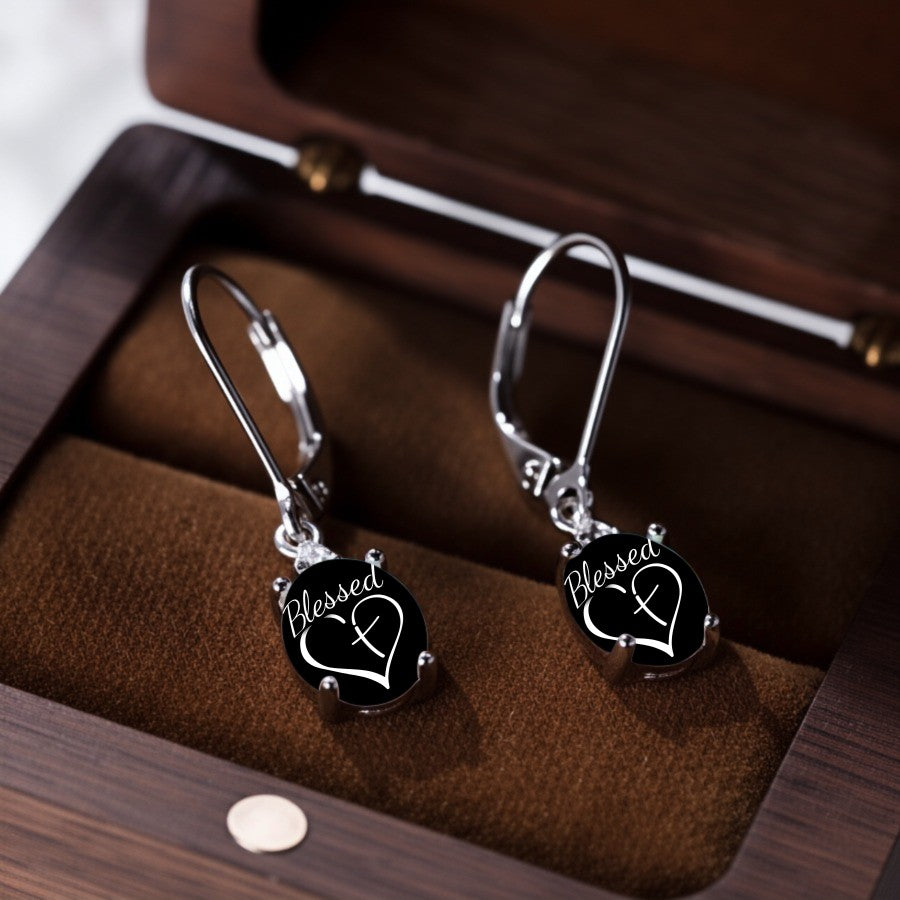 Black Oval Blessed Heart Earrings