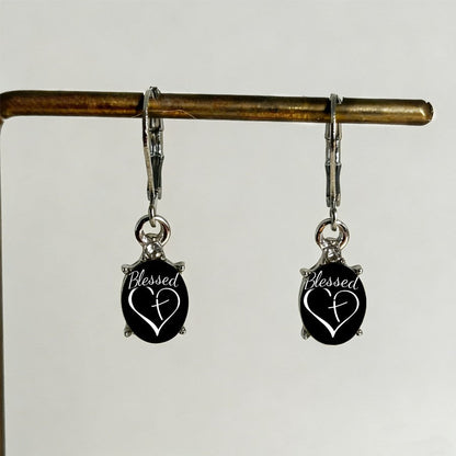 Black Oval Blessed Heart Earrings