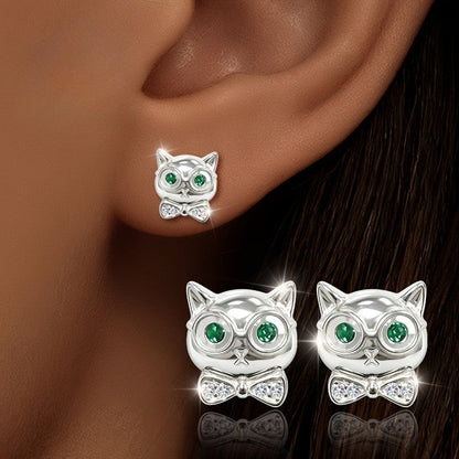 Green Crystal Owl Bow Stud Earrings