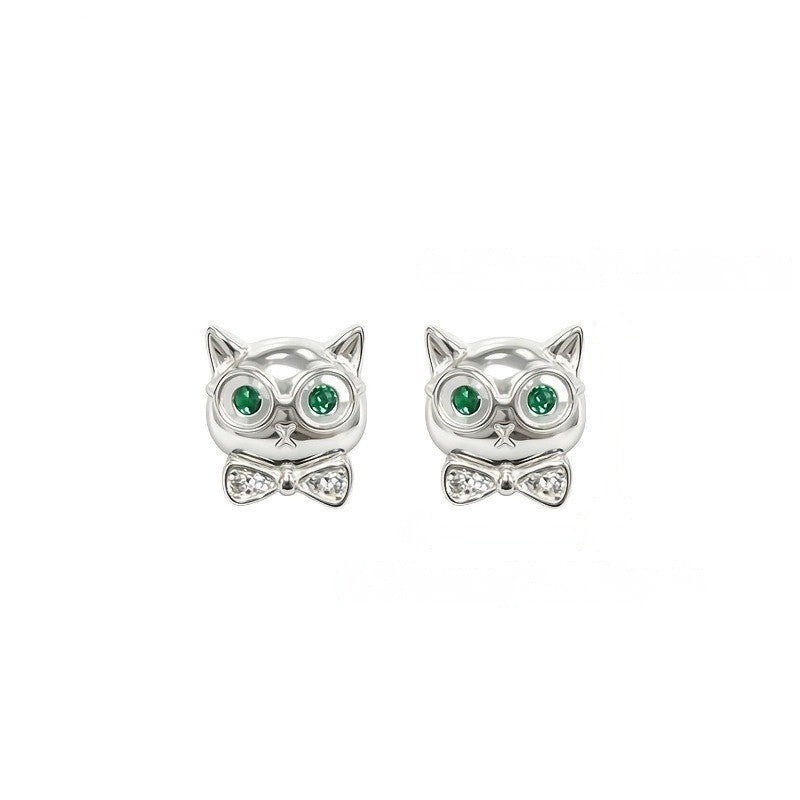 Green Crystal Owl Bow Stud Earrings