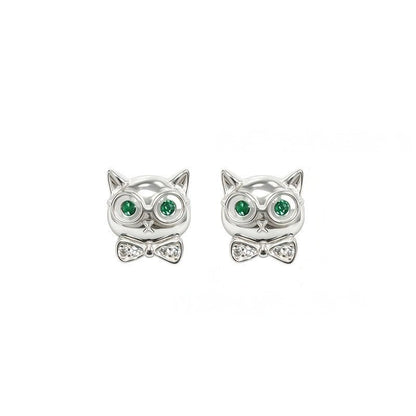 Green Crystal Owl Bow Stud Earrings