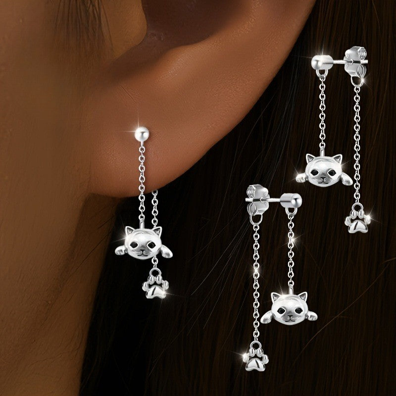 Cat Face & Paw Chain Earrings