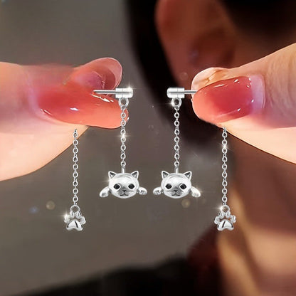 Cat Face & Paw Chain Earrings