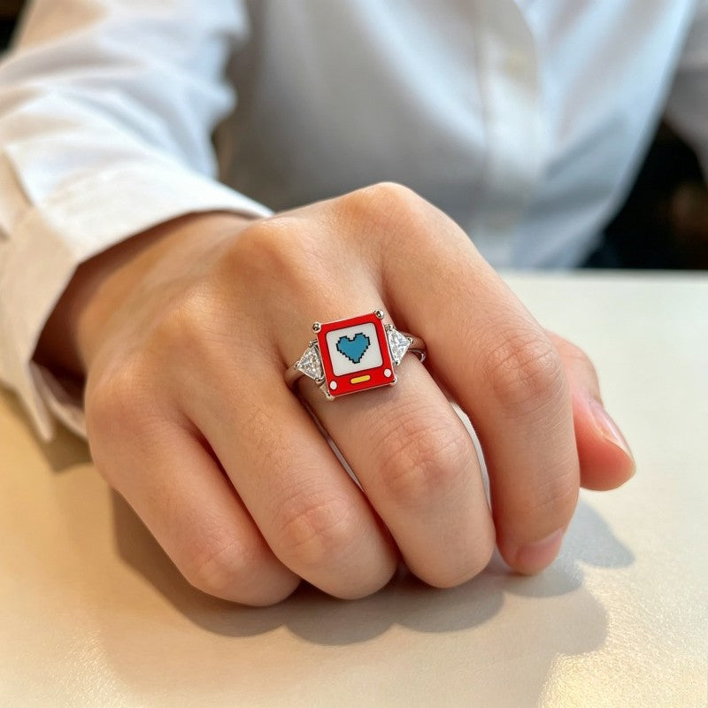Blue Pixel Heart Square Ring