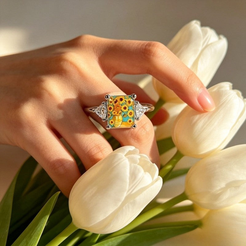 Sunflower Painting Square Ring