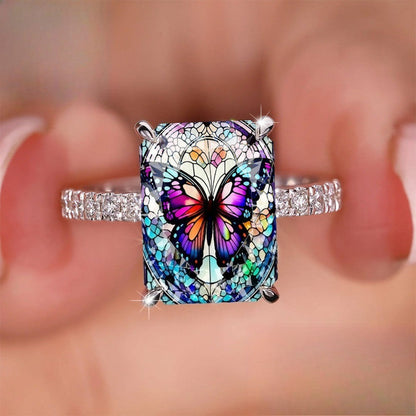 Stained Glass Butterfly Square Ring
