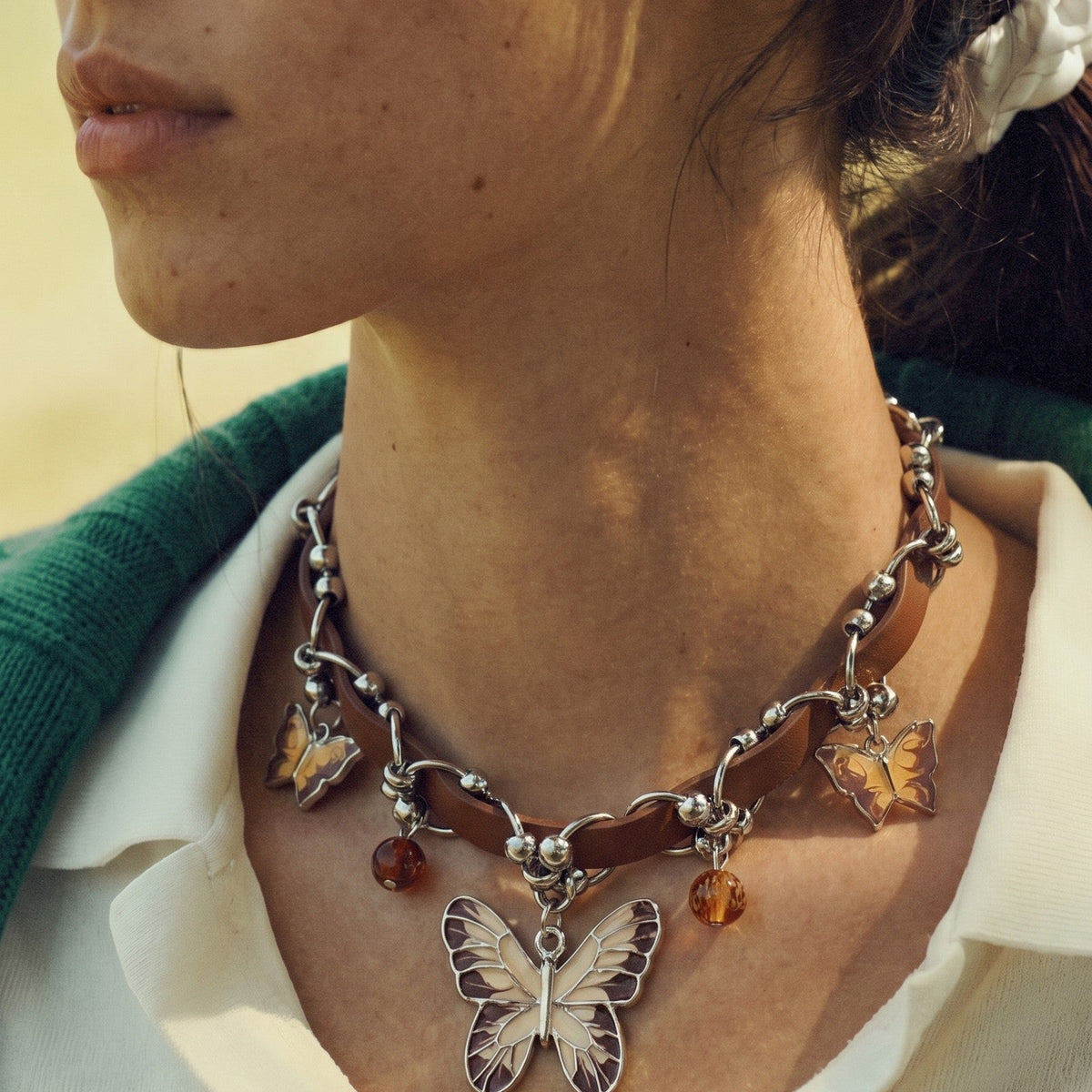 Butterfly & Amber Bead Leather Choker