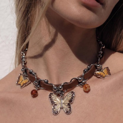 Butterfly & Amber Bead Leather Choker