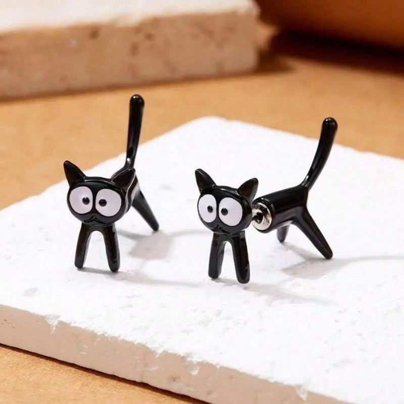 Wide Eye Black Cat Stud Earrings