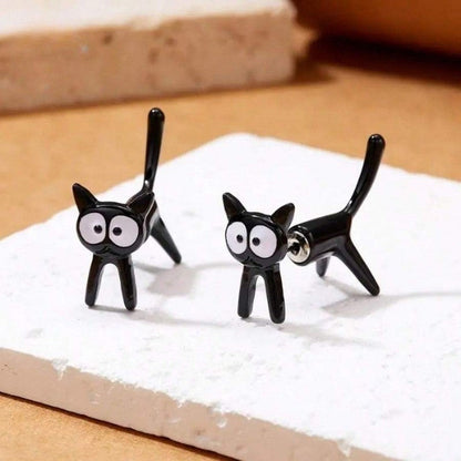 Wide Eye Black Cat Stud Earrings