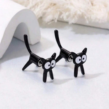 Wide Eye Black Cat Stud Earrings