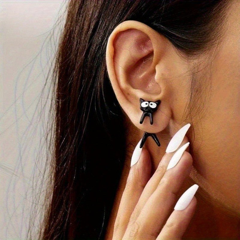 Wide Eye Black Cat Stud Earrings