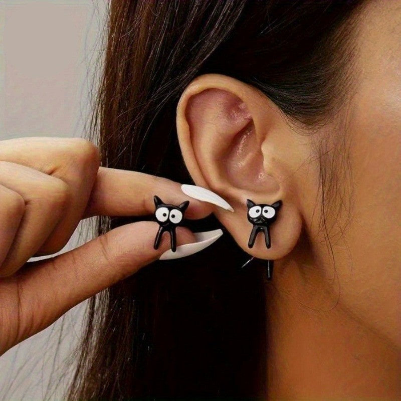 Wide Eye Black Cat Stud Earrings
