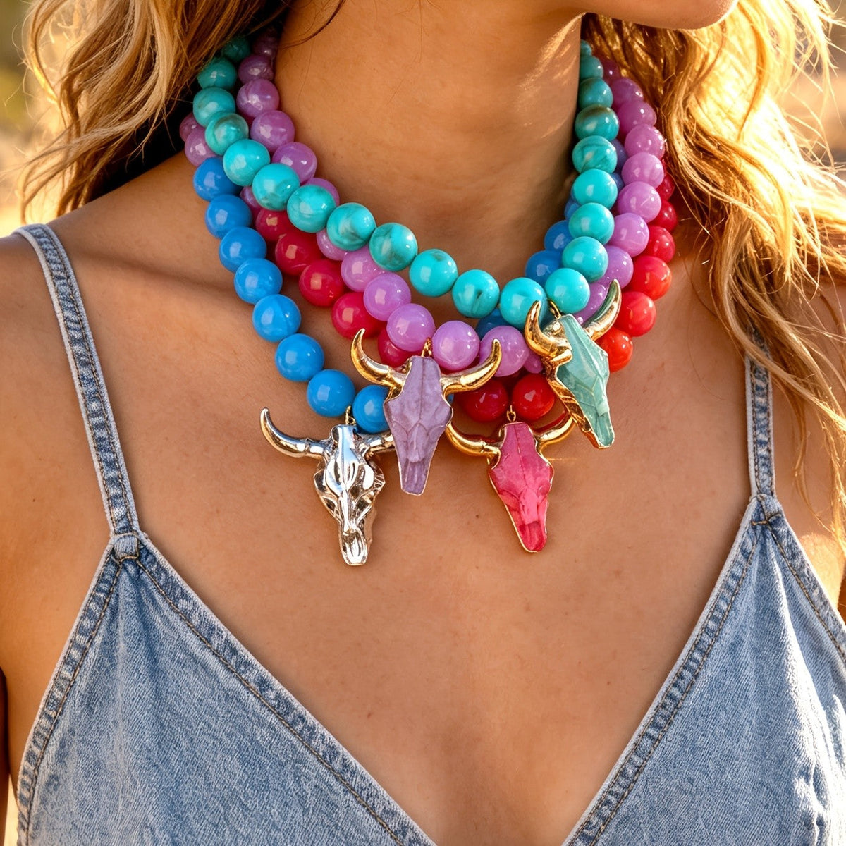 Teal Bull Skull Beaded Necklace
