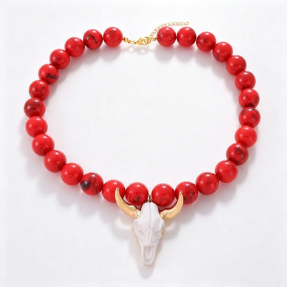 Teal Bull Skull Beaded Necklace
